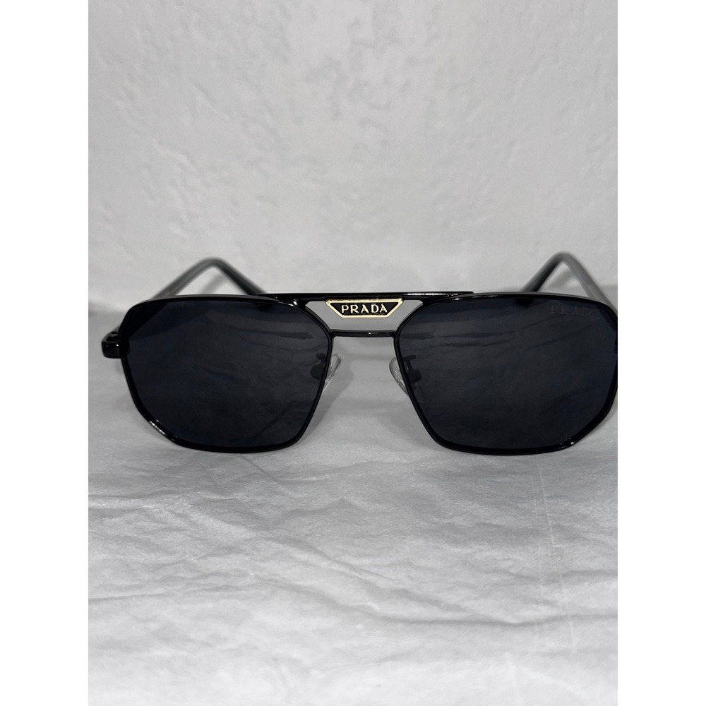 Prada Symbole Black Metal Aviator Sunglasses Geometric Dark Grey Lens Italy